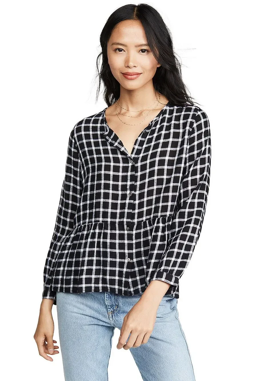 Rails Celeste Onyx Plaid White Check Linen Blouse